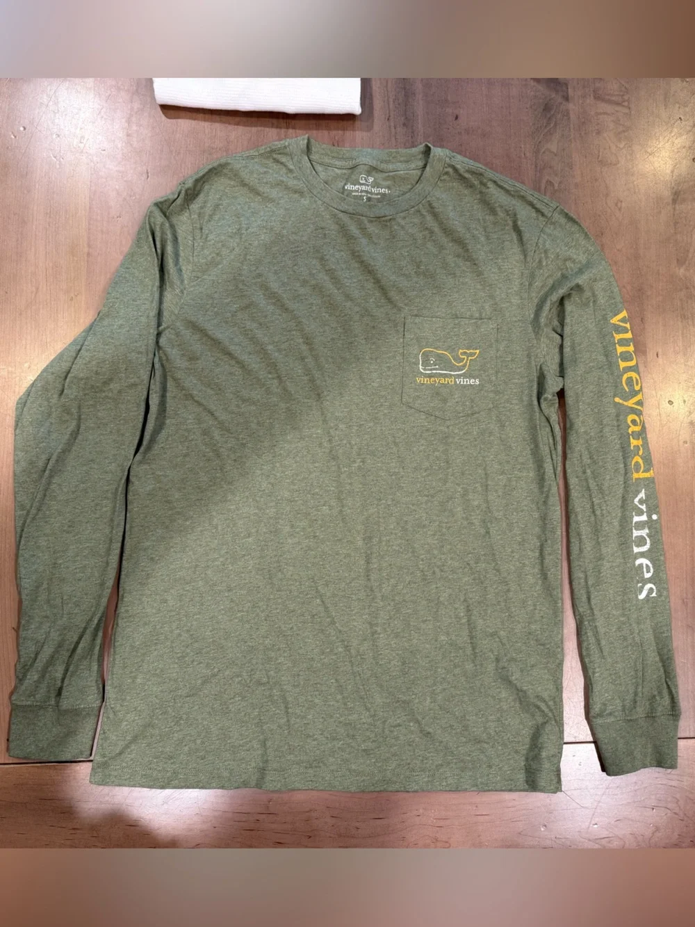 Vineyard Vines Olive Green Long-Sleeve Pocket Tee with Yellow Logo